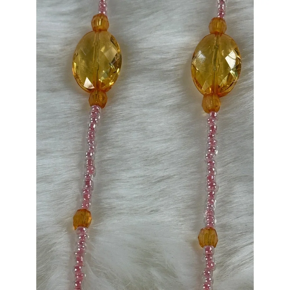 Handmade Amber Crystal Wire Wrapped Beaded Eyeglass Chain Necklace Pink Gold